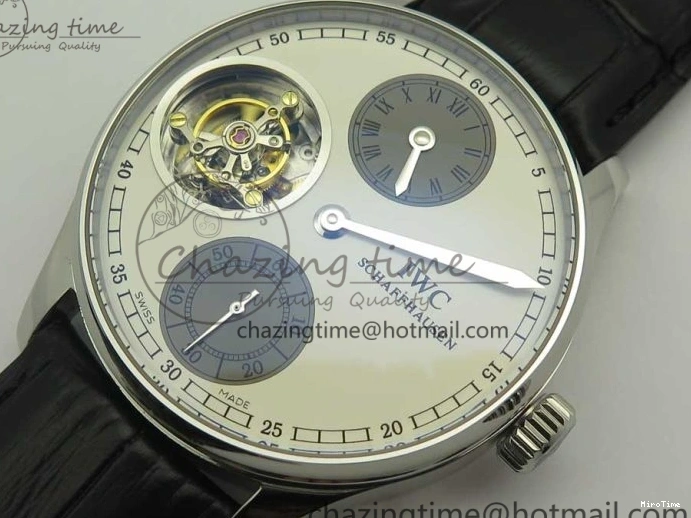 MIROTIME 0331 Upgraded Portuguese Flying Tourbillon SS White Dial 2 Sub Dials on Black Leather Strap 7161